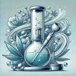 Clean glass bong with water, surrounded by artistic cannabis leaves and bubbles, emphasizing the importance of water for bongs.