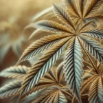 Cannabis leaf with dark veins and yellow edges, indicating nutrient deficiency or stress in the plant.