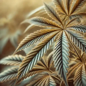 Cannabis leaf with dark veins and yellow edges, indicating nutrient deficiency or stress in the plant.