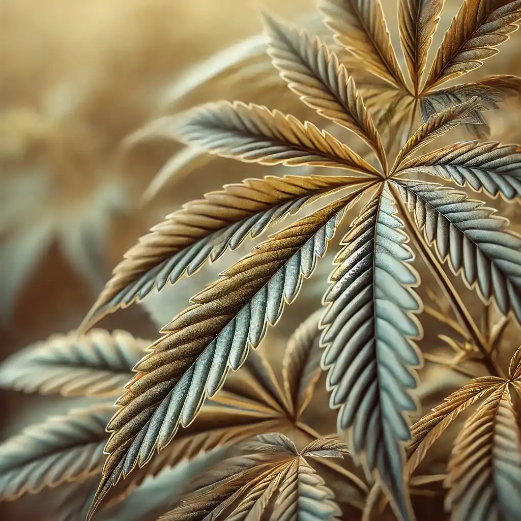 Cannabis leaf with dark veins and yellow edges, indicating nutrient deficiency or stress in the plant.