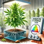 Cannabis plant in a controlled environment with a digital meter displaying ideal PPM levels, illustrating root health and growth optimization.