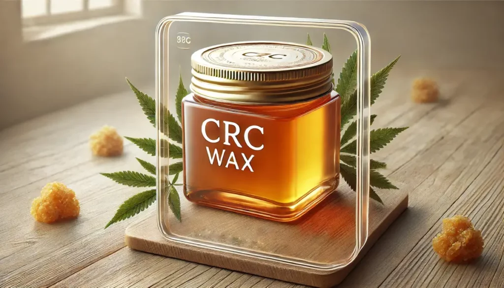 Glass jar labeled CRC Wax with golden concentrate inside, surrounded by cannabis leaves and wax chunks, illustrating what is CRC wax in a premium packaging.
