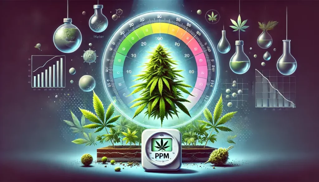 Cannabis plant surrounded by scientific indicators, with a focus on ideal PPM levels for growth, and accompanied by lab flasks and data graphs.
