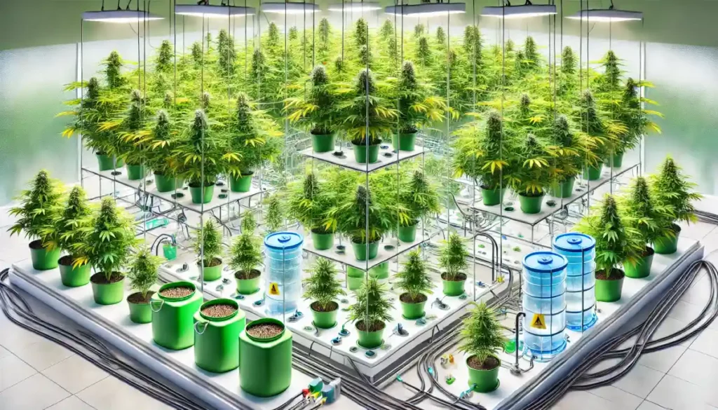 High-tech indoor cannabis grow room featuring a multi-level hydro system, with vibrant cannabis plants under LED lighting, designed for efficient nutrient and water management in a hydro system.