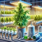 Cannabis plant thriving in a hydro system setup, showcasing lush leaves and advanced nutrient delivery methods, ideal for optimal cannabis growth using a hydro system.