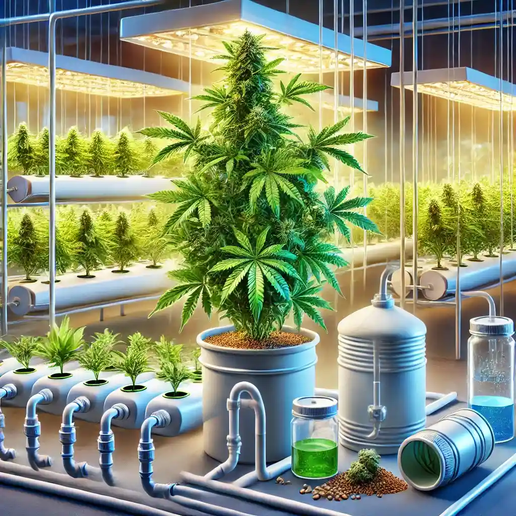 Cannabis plant thriving in a hydro system setup, showcasing lush leaves and advanced nutrient delivery methods, ideal for optimal cannabis growth using a hydro system.