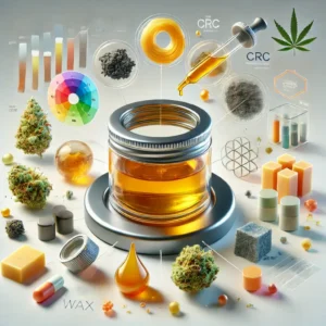 CRC wax, showing a jar of golden extract, terpenes, and cannabis components, explaining what is CRC wax with a scientific layout.