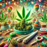 Festive table for Weed Holidays with cannabis buds, colorful treats, joints, and vibrant decorations, creating a lively celebration atmosphere.