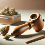 Wooden Boom weed pipe with cannabis buds, featuring a sleek design and natural finish, perfect for enjoying a smooth smoke.