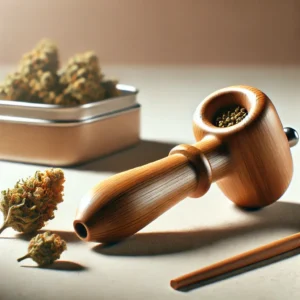 Wooden Boom weed pipe with cannabis buds, featuring a sleek design and natural finish, perfect for enjoying a smooth smoke.