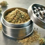 Metal weed grinder with finely ground cannabis spilling out, highlighting efficient use and storage with a Weed Grinder Coin accessory.