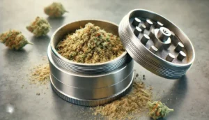 Metal weed grinder with finely ground cannabis spilling out, highlighting efficient use and storage with a Weed Grinder Coin accessory.