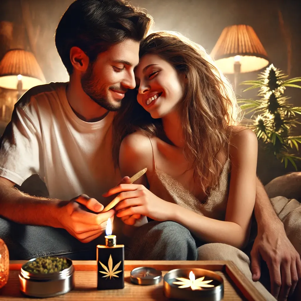 Couple sharing an intimate moment with cannabis in a cozy setting, reflecting the question: is sativa or indica better for sex?