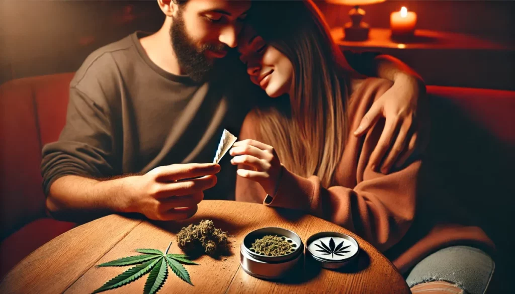 Couple relaxing with cannabis in a dimly lit room, sparking the curiosity: is sativa or indica better for sex?