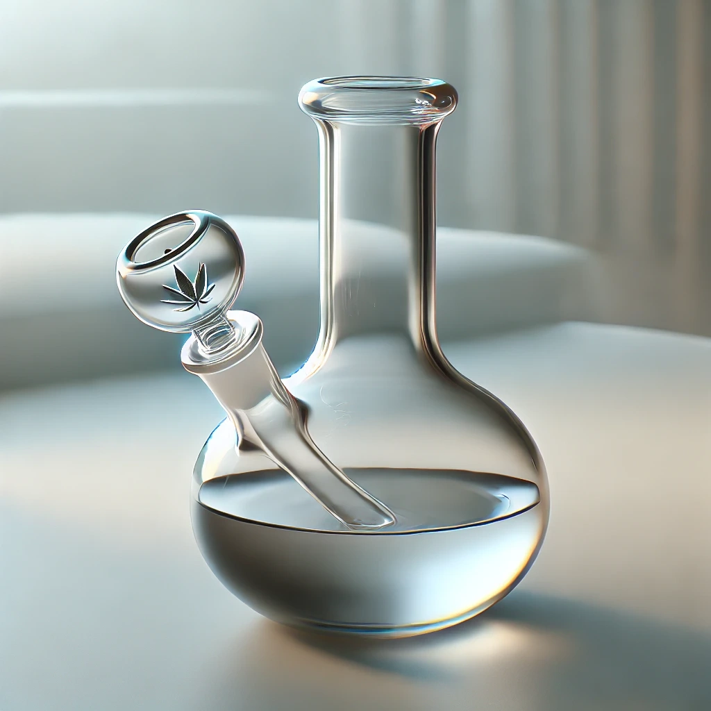Clear glass weed bubbler with a cannabis leaf engraving on the bowl, filled with water for a smooth smoking experience.
