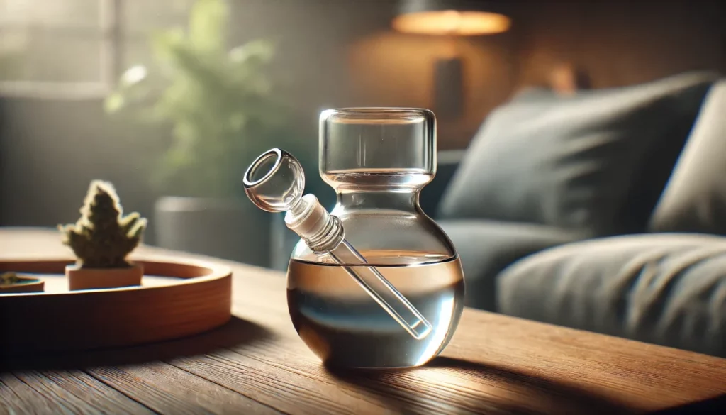 Compact glass weed bubbler on a wooden table, filled with water, in a cozy setting with soft lighting.