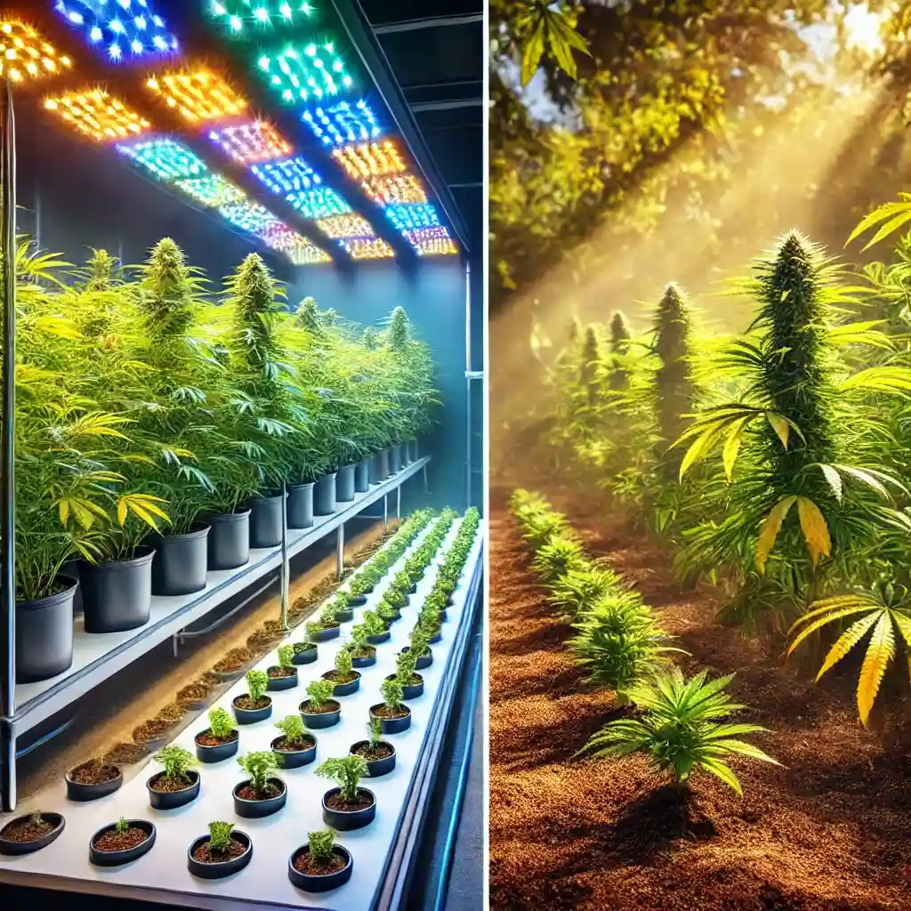 Comparison of cannabis plants grown in hydro and soil systems with LED lighting indoors.