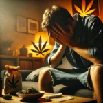 Man sitting with his head in hands next to cannabis products, reflecting on how do you get unstoned in a dimly lit room.
