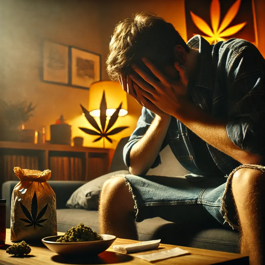Man sitting with his head in hands next to cannabis products, reflecting on how do you get unstoned in a dimly lit room.