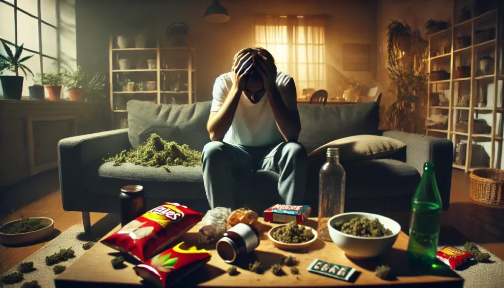 Man on a couch surrounded by snacks and cannabis, appearing overwhelmed and contemplating how do you get unstoned in a cluttered living room.