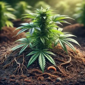 Healthy cannabis plant thriving in organic soil, with rich earthy texture and a worm symbolizing soil biodiversity.