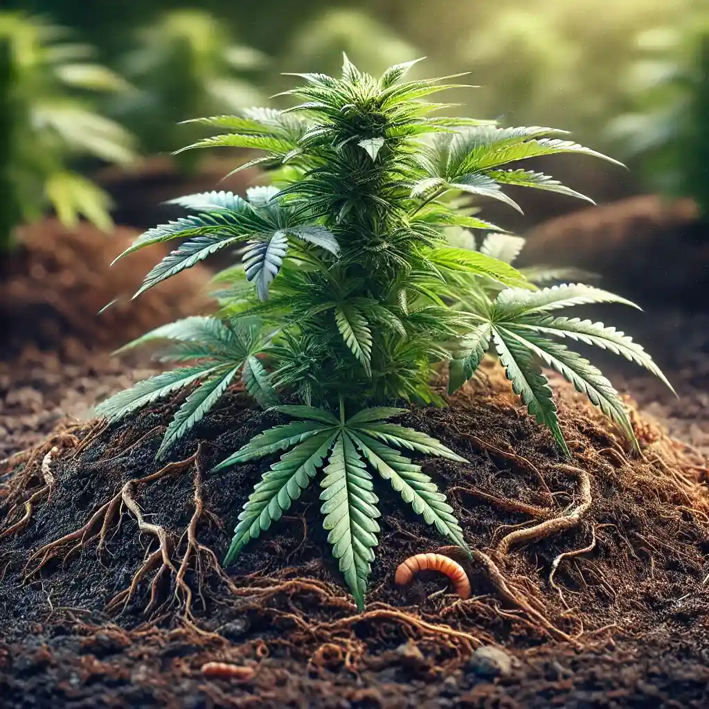Healthy cannabis plant thriving in organic soil, with rich earthy texture and a worm symbolizing soil biodiversity.