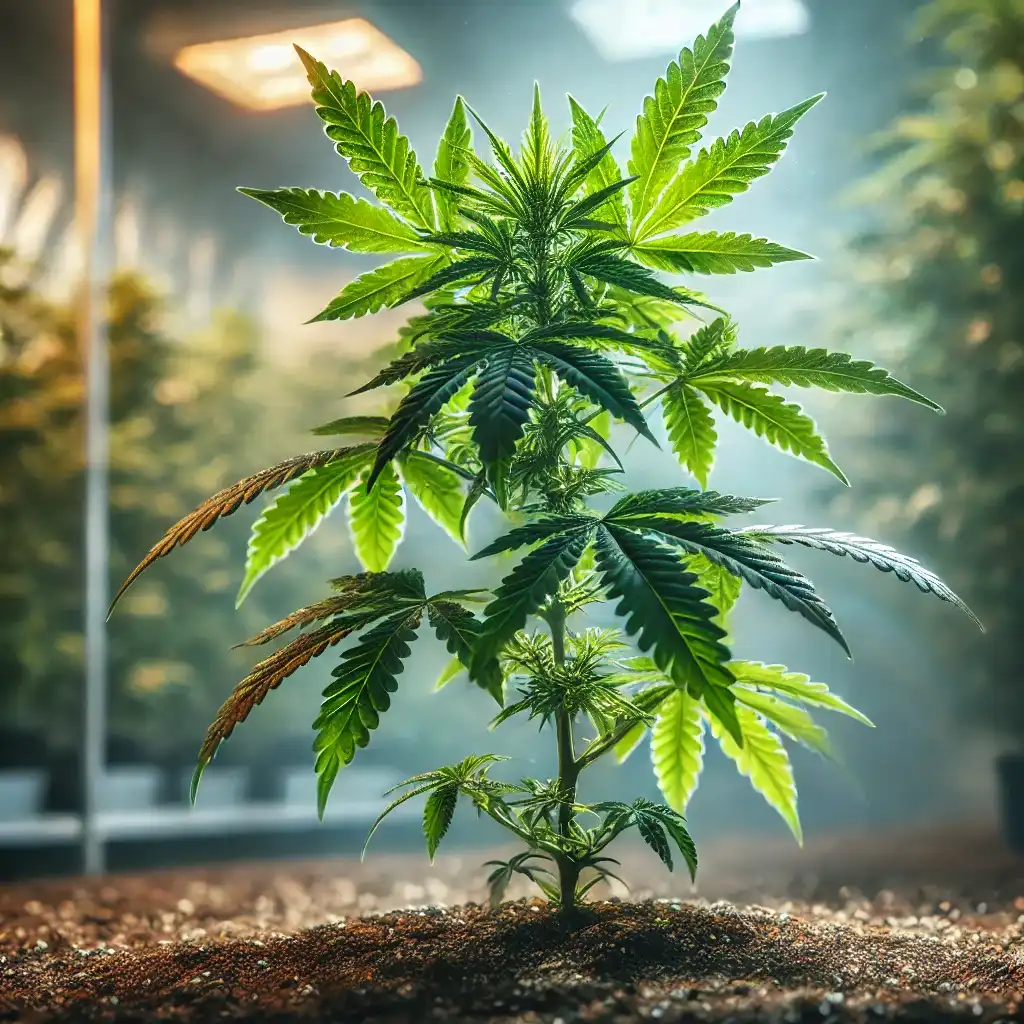 Young cannabis plant growing indoors with silica for plants to promote strong cell structure and resilience.