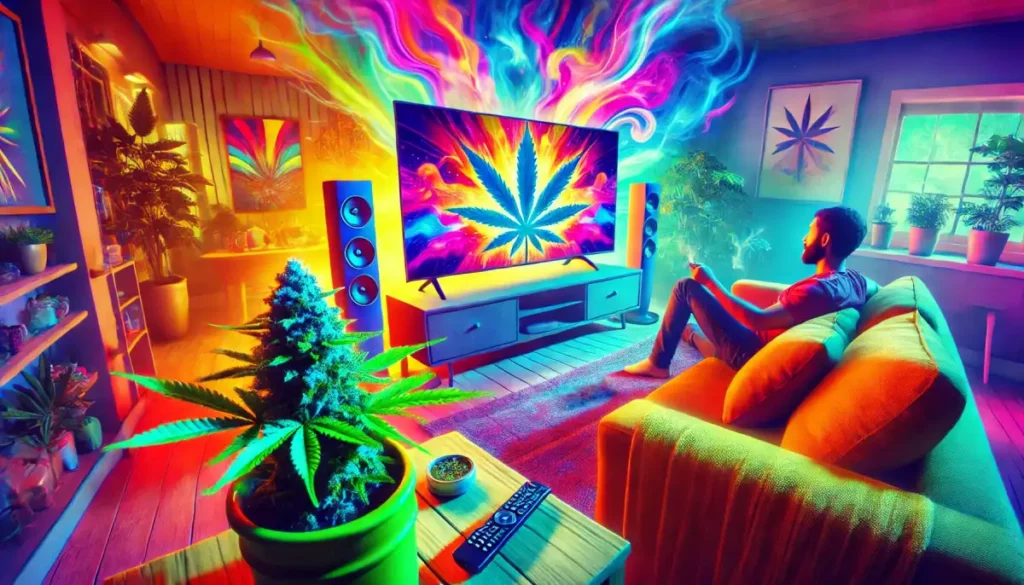 Man sitting in a bright, neon-lit room filled with cannabis plants, watching a vivid TV display of swirling colors and a cannabis leaf. Best Shows to Watch When High.