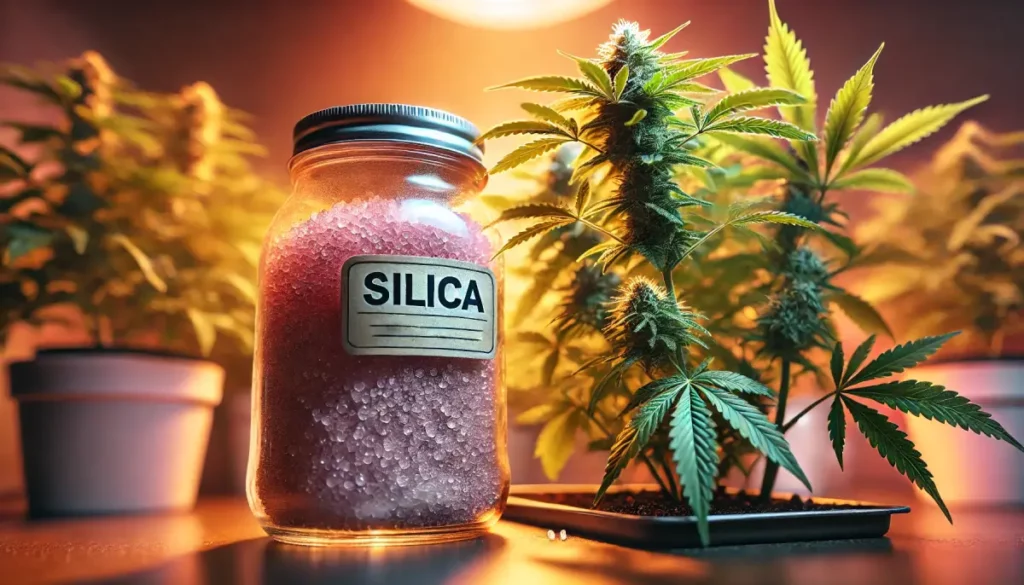 Jar of silica with healthy cannabis plants in the background, illustrating the benefits of silica for plants in a controlled indoor growing environment.
