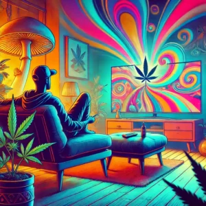 Person relaxing on a sofa, watching a colorful, psychedelic show featuring vibrant swirls and cannabis leaf imagery on the TV. Best Shows to Watch When High.