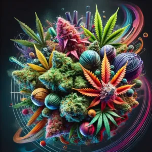 Vibrant collage of exotic weed names 2024, featuring colorful cannabis buds and leaves with creative, abstract elements.