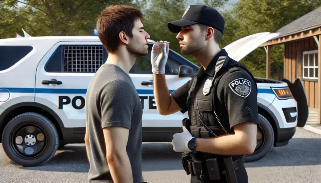 Law enforcement officer performing a mouth swab drug test on a man near a police vehicle, emphasizing methods to pass a mouth swab drug test.