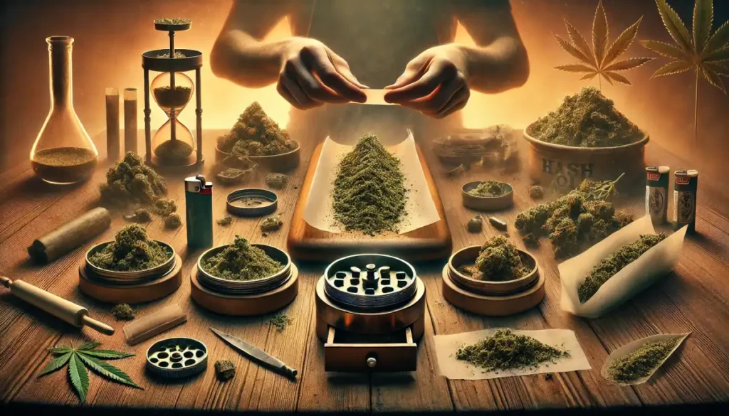 Hands rolling cannabis with hash surrounded by grinders, papers, and accessories, explaining what is a hash hole during the preparation process.