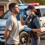Police officer conducting a mouth swab drug test on a young man in front of a patrol car, illustrating how to pass a mouth swab drug test.