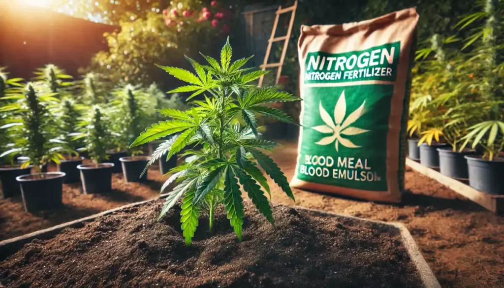 Cannabis seedlings growing robustly in an outdoor garden, highlighted by a large bag of nitrogen fertilizer, showing the critical role of nitrogen in cannabis development.