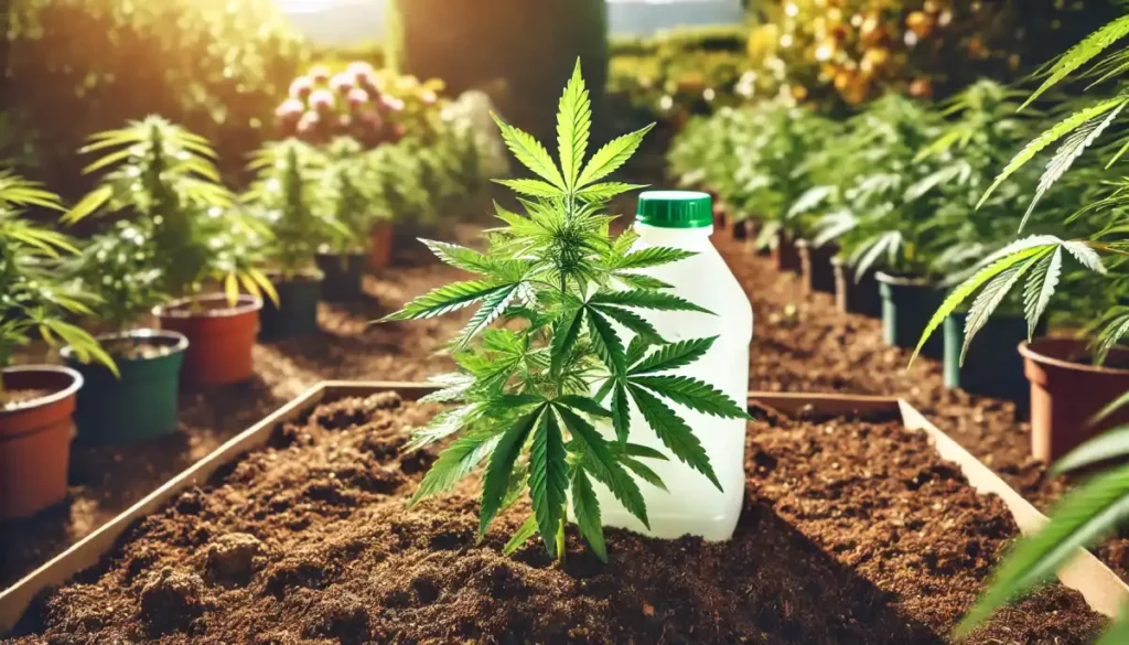 Cannabis plant growing outdoors with a container nearby, illustrating how to use urine for nitrogen in cannabis gardens as a natural supplement.
