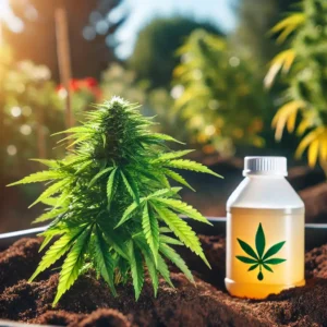 Young cannabis plant in soil next to a nutrient bottle, suggesting an alternative method to use urine for nitrogen in cannabis cultivation.