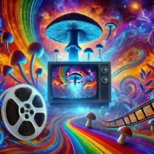 Surreal scene featuring vibrant mushrooms, a vintage TV, and film reels, creating a psychedelic atmosphere for the best movies to watch on mushrooms.