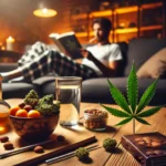 Cannabis products and snacks on a wooden table with a person reading in the background, promoting mindfulness on how to not eat while high.