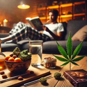 Cannabis products and snacks on a wooden table with a person reading in the background, promoting mindfulness on how to not eat while high.