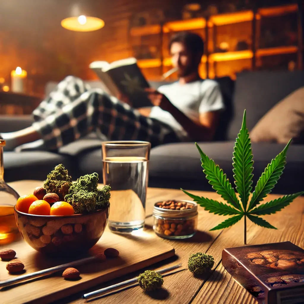 Cannabis products and snacks on a wooden table with a person reading in the background, promoting mindfulness on how to not eat while high.