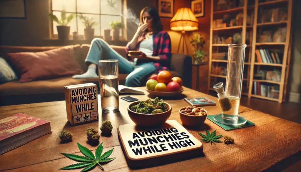 Woman relaxing in a cozy living room, surrounded by cannabis items and healthy snacks, emphasizing tips on how to not eat while high.