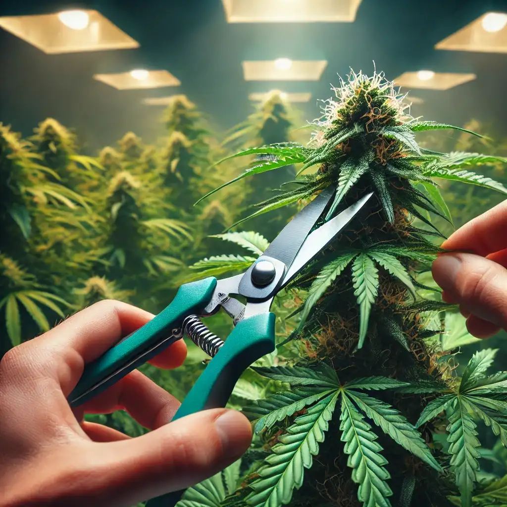 Close-up of hands using sharp scissors to cut pistils on a cannabis plant to revert it back to the vegetative stage.