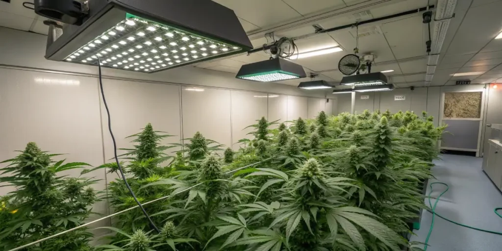 small indoor cannabis grow tent setup with LED panel and three cannabis plants