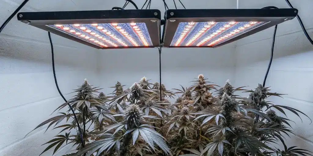 Close-up view of cannabis plants flowering under LED grow lights in an indoor grow room.