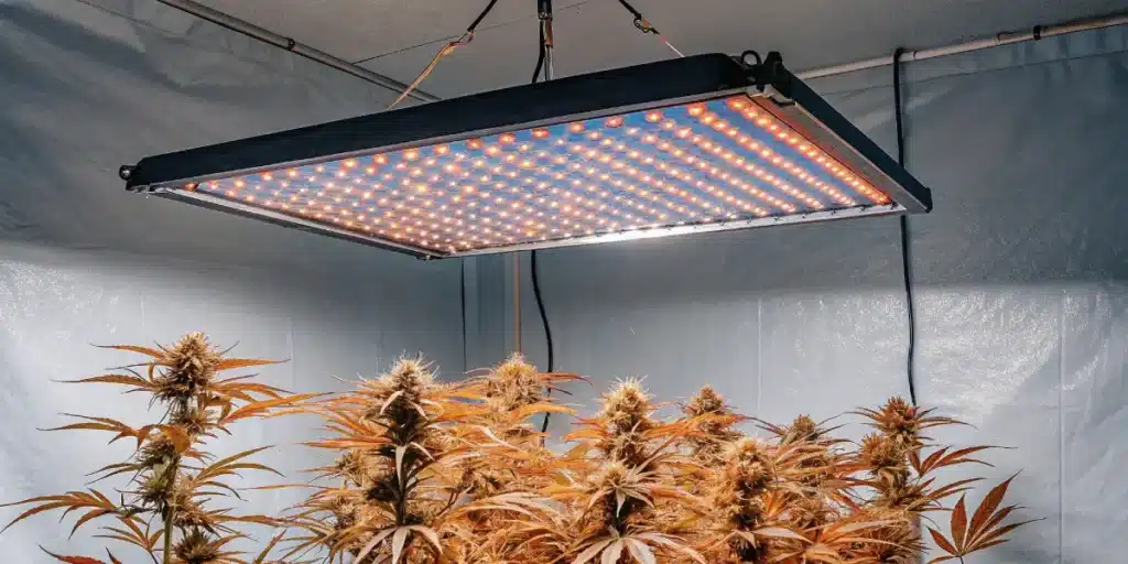 Cannabis plants thriving under orange-tinted LED lights in a modern indoor grow tent