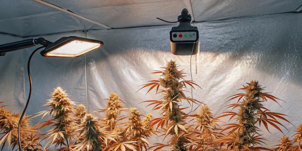 indoor cannabis grow tent with orange-hued buds and LED grow lights