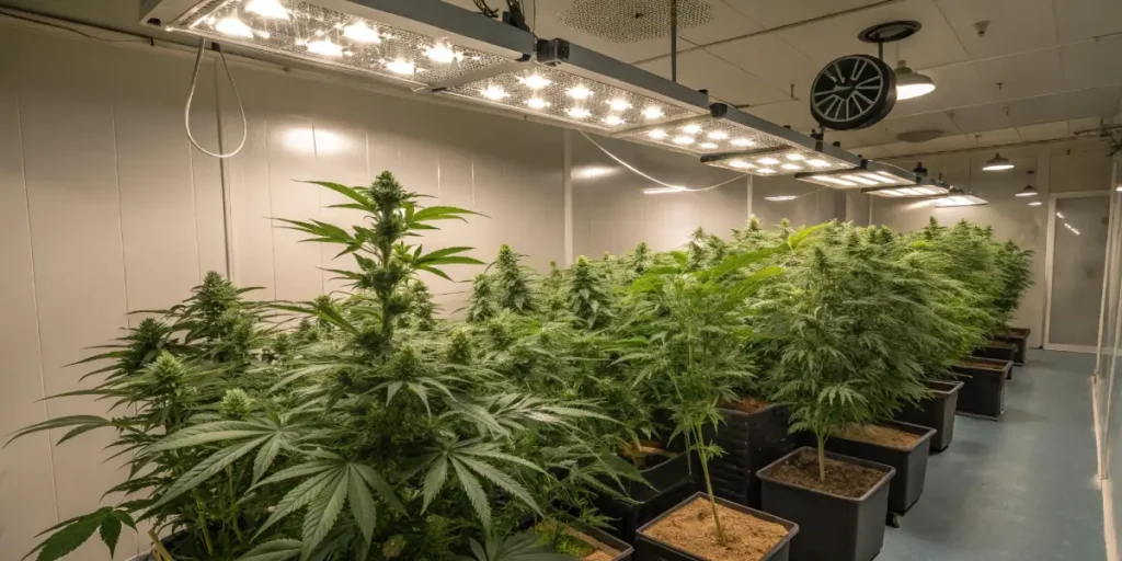 large indoor cannabis cultivation facility with white LED light panels