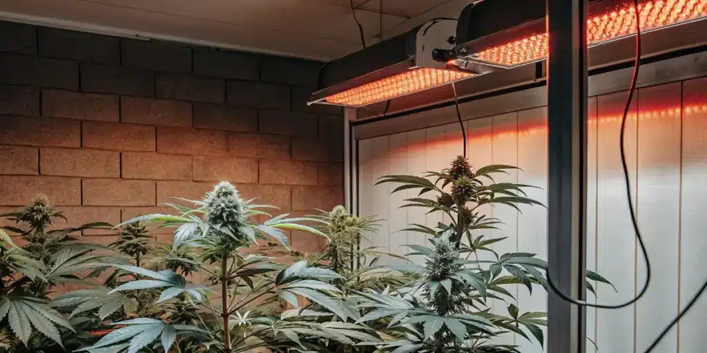 LED grow lights illuminating flowering cannabis plants inside an indoor grow space.