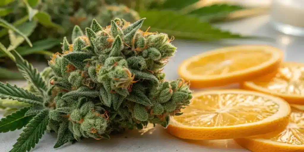 Lemon OG cannabis bud next to fresh lemon slices, illustrating the strain's citrus aroma.